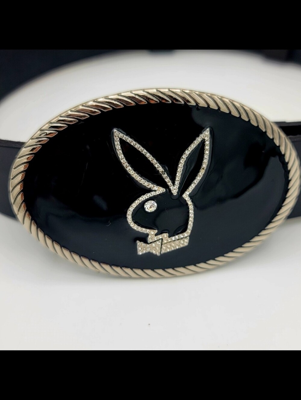 PLAYBOY Bunny Bling Y2K Rhinstones Leather Black Belt Vintage RARE Circa 2005